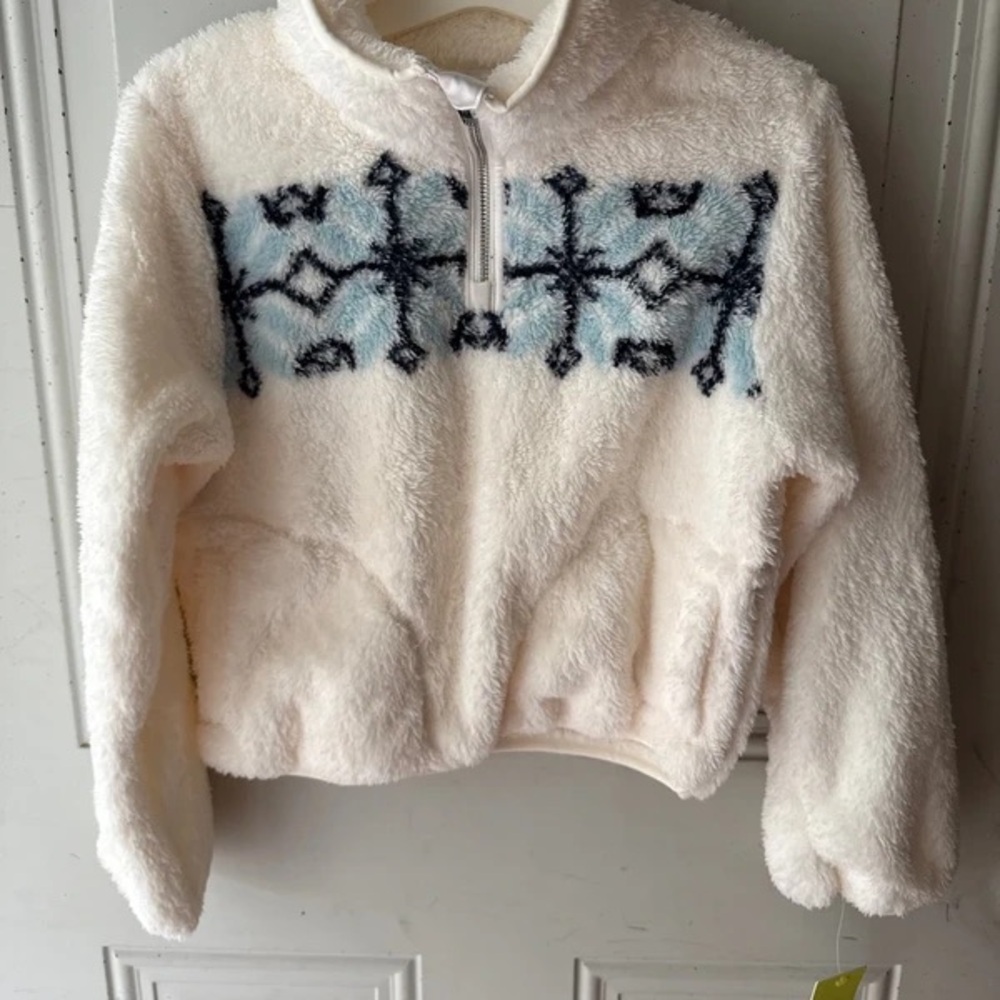 Cream Sherpa Zip Cardigan with Blue Pattern